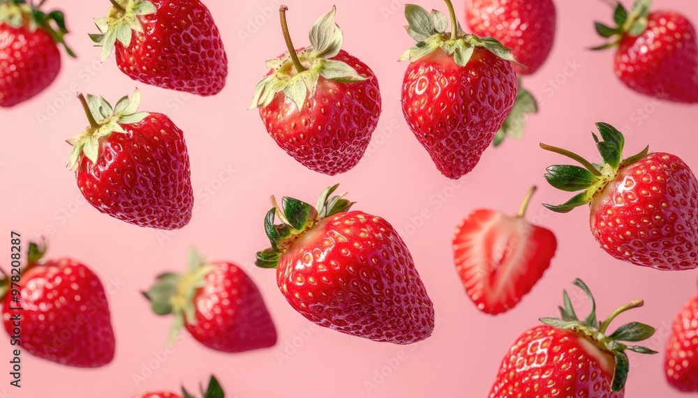Seamless oil painting pattern featuring fresh ripe strawberries against a pink background ideal for package design with a selective focus on falling strawberries Seamless oil painting pattern featuring fresh ripe strawberries against a pink background ideal for package design with a selective focus on falling strawberries