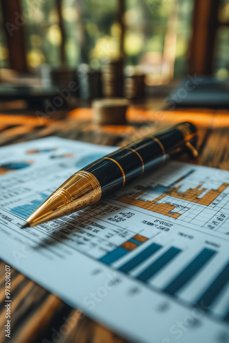 A pen is sitting on top of a piece of paper with a bunch of numbers and graphs. The pen is black and gold, and it is a fountain pen