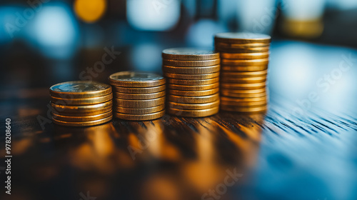 A stack of gold coins on a wooden table. The coins are piled on top of each other, creating a sense of value and wealth. The image conveys a feeling of prosperity and abundance