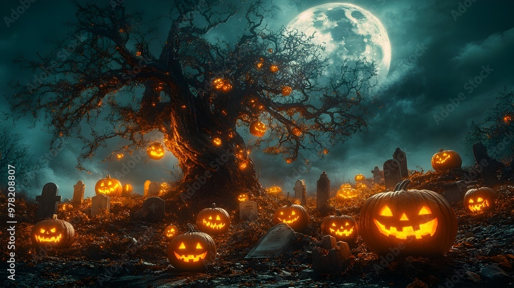 Moonlit Graveyard with Twisted Tree and Glowing Jack o Lanterns on Graves Moonlit Graveyard with Twisted Tree and Glowing Jack o Lanterns on Graves