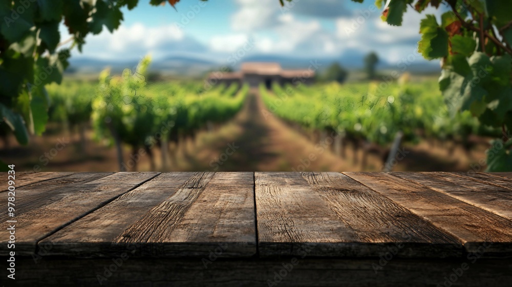 Serene Wooden Table with Blurred Mountain Landscape Background Serene Wooden Table with Blurred Mountain Landscape Background