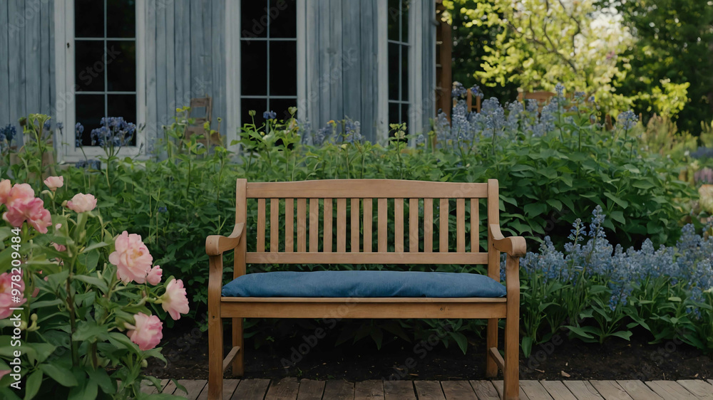 Denim overalls draped over a wooden bench near a blooming garden Denim overalls draped over a wooden bench near a blooming garden