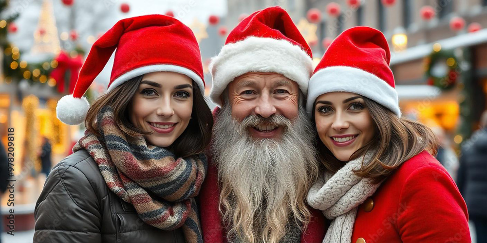 Fototapeta premium A smiling older Caucasian man with a long white beard wearing a Santa hat, flanked by two young Caucasian women also wearing Santa hats, all posing together outdoors with a blurred background.