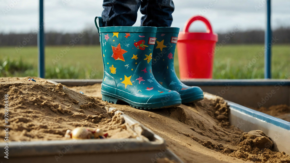 Rain boots sitting on the edge of a sandbox filled with toys Rain boots sitting on the edge of a sandbox filled with toys