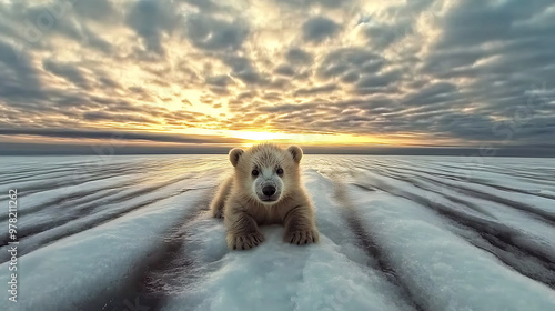 Polar Bear Cub at Sunset: A lone polar bear cub basks in the golden glow of a breathtaking sunset, with the vast, icy expanse of the Arctic stretching out before it.  The scene evokes a sense of vulne photo