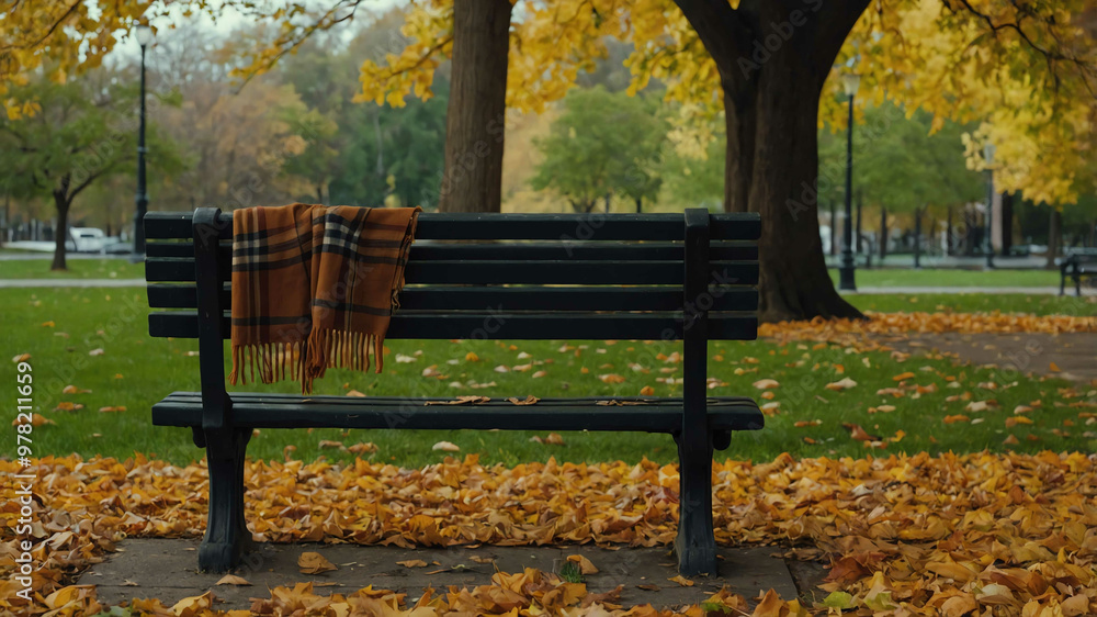 Scarf hanging on a park bench under a tree during autumn Scarf hanging on a park bench under a tree during autumn