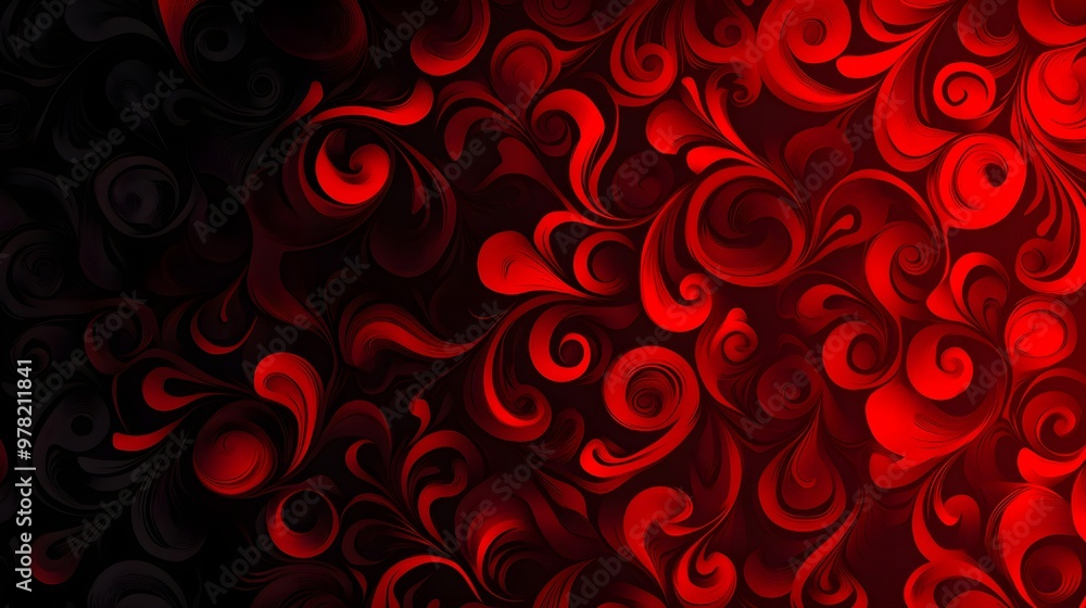 Swirling tribal patterns in black, on a bold red background, repeating seamlessly, vibrant and energetic, Psychedelic, Vector art. Swirling tribal patterns in black, on a bold red background, repeating seamlessly, vibrant and energetic, Psychedelic, Vector art.