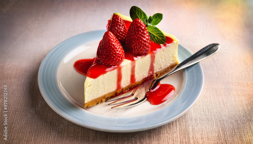 Beyond delicious appetizing, slice of layered cheesecake with whole strawberries on top and a little strawberry syrup drizzled over the dessert with a fork on the plate Beyond delicious appetizing, slice of layered cheesecake with whole strawberries on top and a little strawberry syrup drizzled over the dessert with a fork on the plate