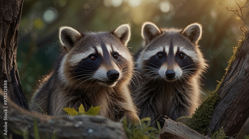 Raccoons over a nature background with a natural light Raccoons over a nature background with a natural light