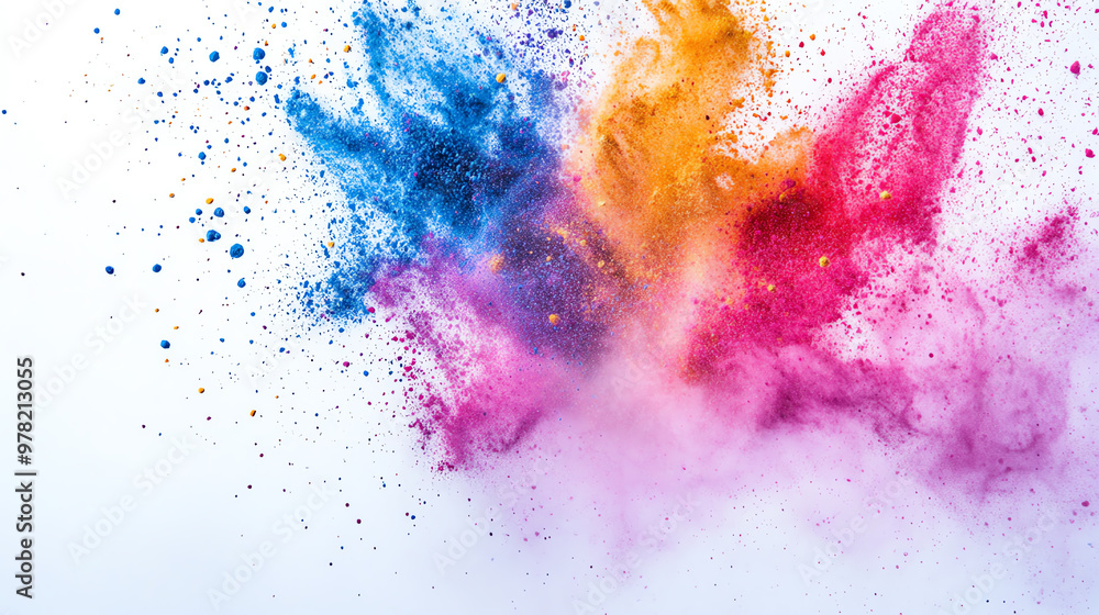 Fototapeta premium Vibrant color explosion featuring blue, orange, and pink powder bursts against a white background, creating a dynamic visual impact.