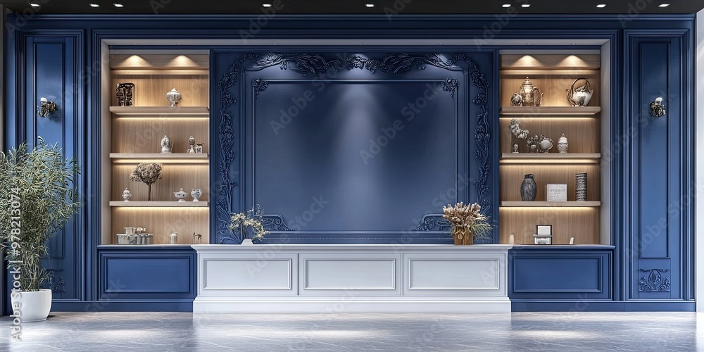 indigo and white modern wooden wall retail display shelf with drawer, wooden panels wall and traditional carving motif indigo and white modern wooden wall retail display shelf with drawer, wooden panels wall and traditional carving motif