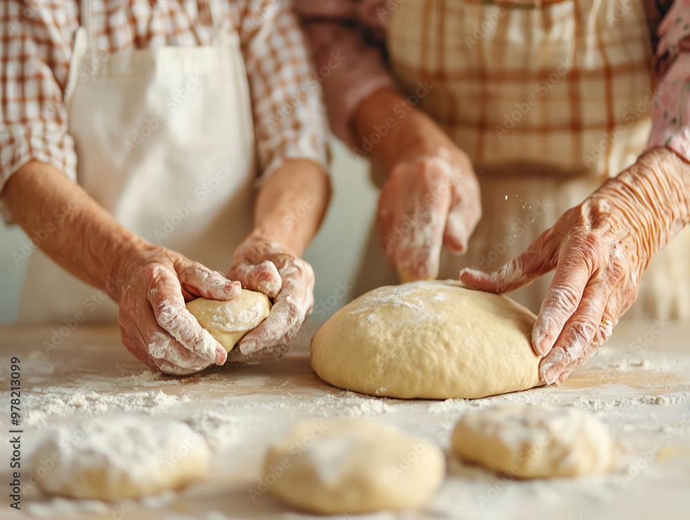 A grandmother and child baking pies together, close-up of their hands rolling dough, soft afternoon light filtering through the window, nostalgic and warm tone A grandmother and child baking pies together, close-up of their hands rolling dough, soft afternoon light filtering through the window, nostalgic and warm tone