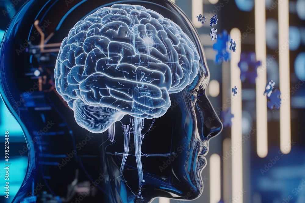 Transparent human head with visible glowing brain symbolizing cognitive ...