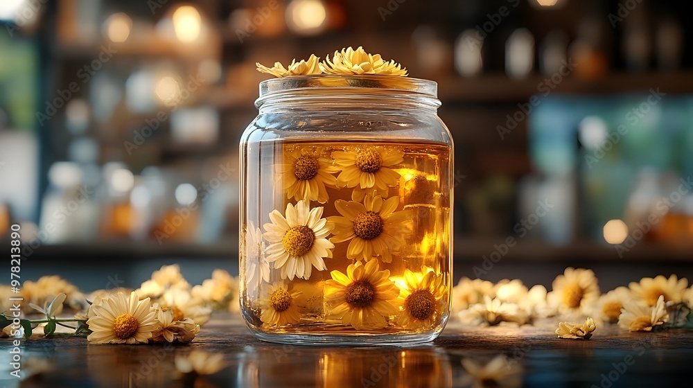 Aromatic Chrysanthemum Tea in a Decorative Glass Jar with Floating Flowers Aromatic Chrysanthemum Tea in a Decorative Glass Jar with Floating Flowers
