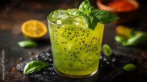 Refreshing Thai Basil Seed Drink with Suspended Basil Seeds in Sweet Syrup and Crushed Ice