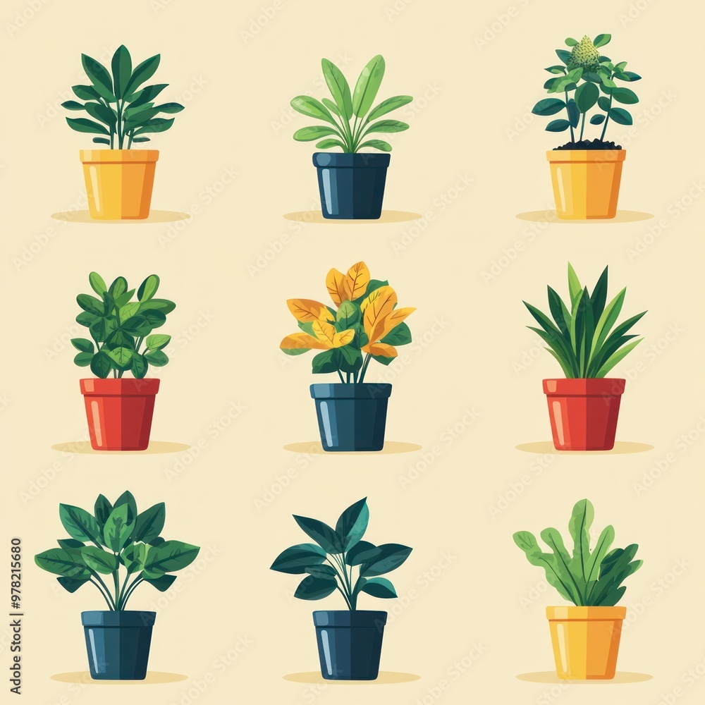 Set of 9 Illustration Houseplants in Pots Set of 9 Illustration Houseplants in Pots