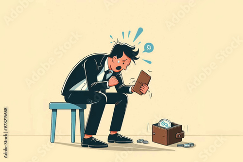 Concept of financial management, managing money spending, a stressed and confused businessman seeing his savings almost gone