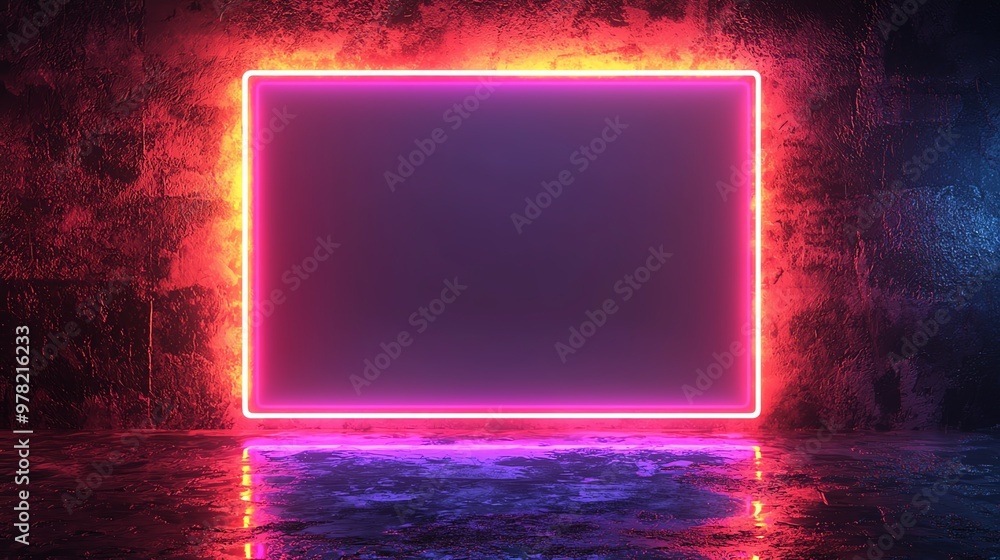 Neon light frame, blank center, bright vibrant glow, 3D illustration Neon light frame, blank center, bright vibrant glow, 3D illustration