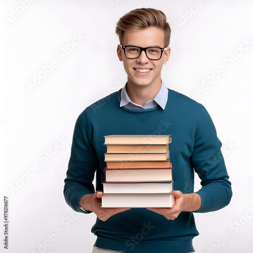 Adolescente sujetando libros con sus manos mientras utiliza vestimenta casual