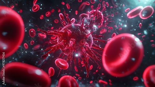 A vivid close-up of red blood cells and a virus, showcasing intricate details and dynamic movement for biomedical exploration. photo