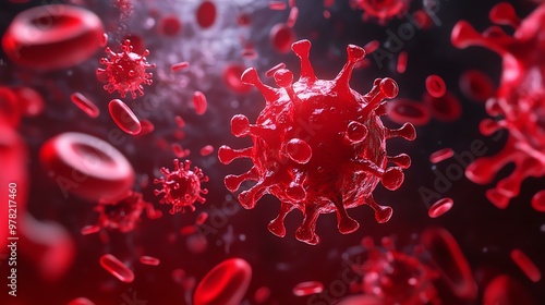 Close-up view of red blood cells and coronavirus particles, illustrating the virus's impact on human health and blood circulation.