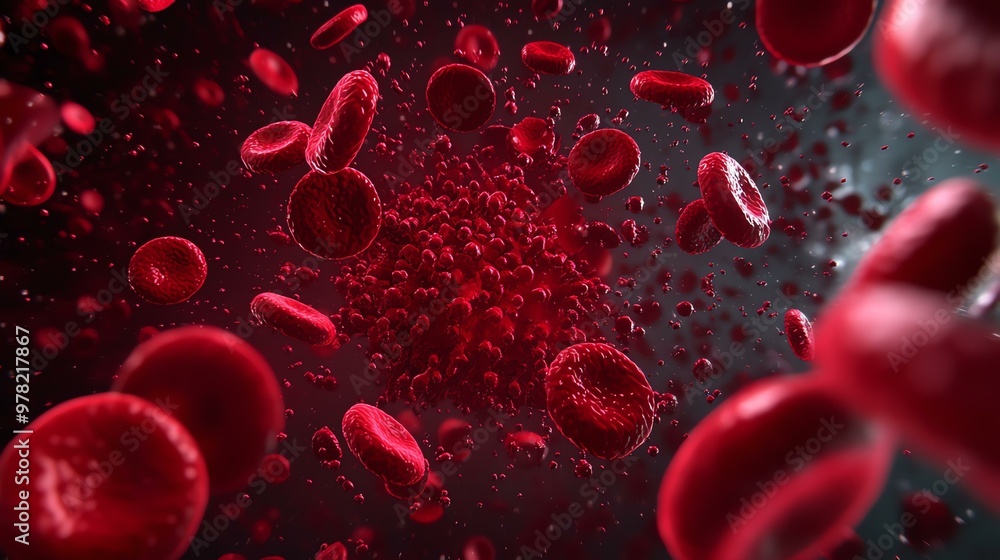 Close-up view of red blood cells in motion, showcasing their vibrant color and vital role in the human circulatory system. Close-up view of red blood cells in motion, showcasing their vibrant color and vital role in the human circulatory system.