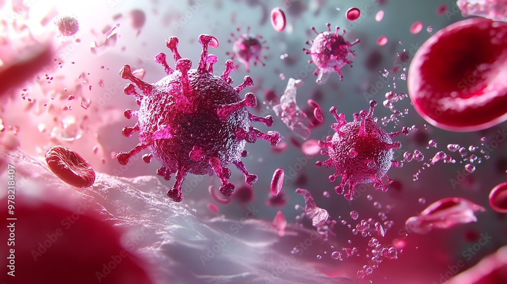 A vivid illustration of viruses interacting with red blood cells, showcasing the complexity of microscopic life. A vivid illustration of viruses interacting with red blood cells, showcasing the complexity of microscopic life.