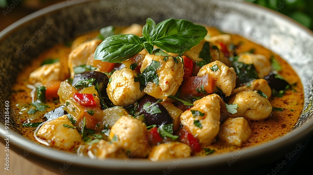 A Vibrant Green Thai Curry Chicken Dish with Coconut Milk and Fresh Herbs A Vibrant Green Thai Curry Chicken Dish with Coconut Milk and Fresh Herbs