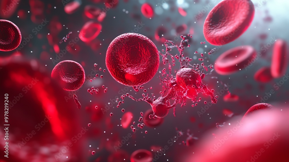Detailed close-up of red blood cells flowing through a bloodstream, showcasing the dynamic nature of human circulation. Detailed close-up of red blood cells flowing through a bloodstream, showcasing the dynamic nature of human circulation.