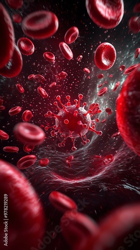 Visual representation of a virus among red blood cells, illustrating microscopic interactions within the human body. photo