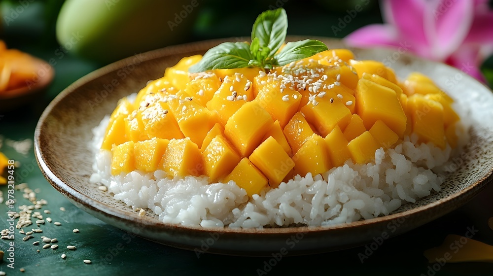 Exquisitely Plated Thai Mango Sticky Rice Dessert with Coconut Milk Drizzle Exquisitely Plated Thai Mango Sticky Rice Dessert with Coconut Milk Drizzle