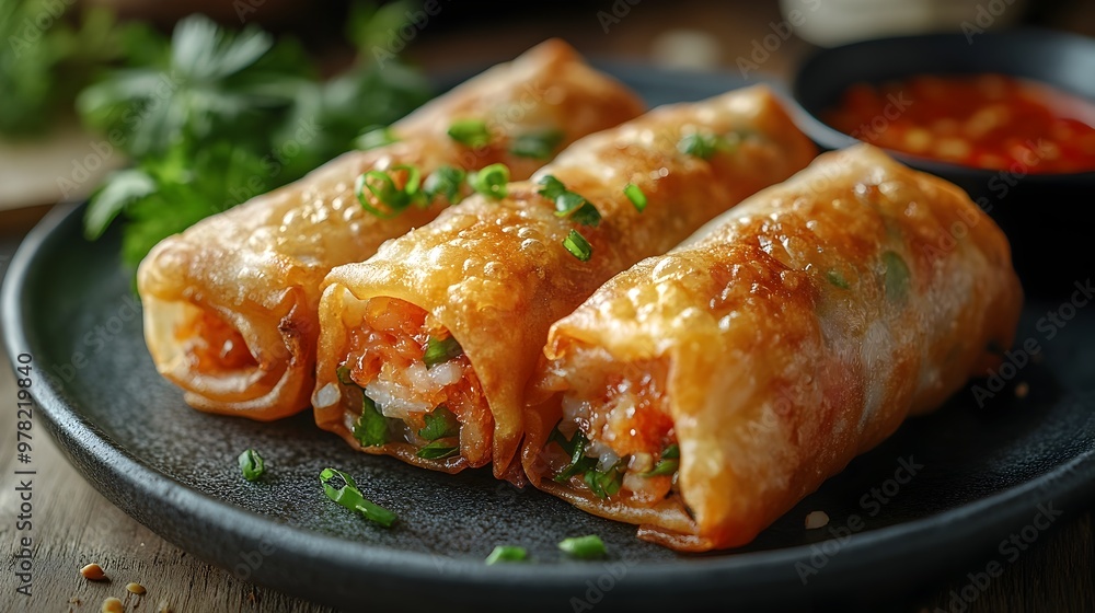 Close up of Crispy Thai Spring Roll with Fresh Filling and Dipping Sauce Close up of Crispy Thai Spring Roll with Fresh Filling and Dipping Sauce
