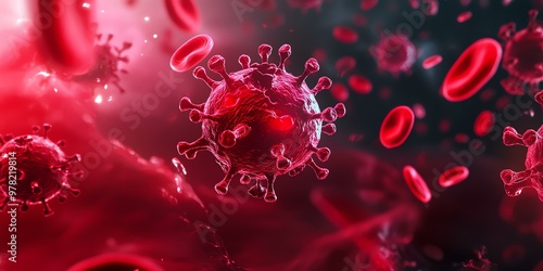 Close-up of a virus in the bloodstream, showcasing detailed structure and red blood cells. Ideal for health and science themes.