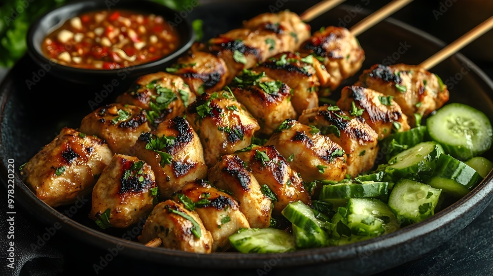 Vibrant Thai Chicken Satay With Grilled Skewers Peanut Sauce and Cucumber Relish Vibrant Thai Chicken Satay With Grilled Skewers Peanut Sauce and Cucumber Relish