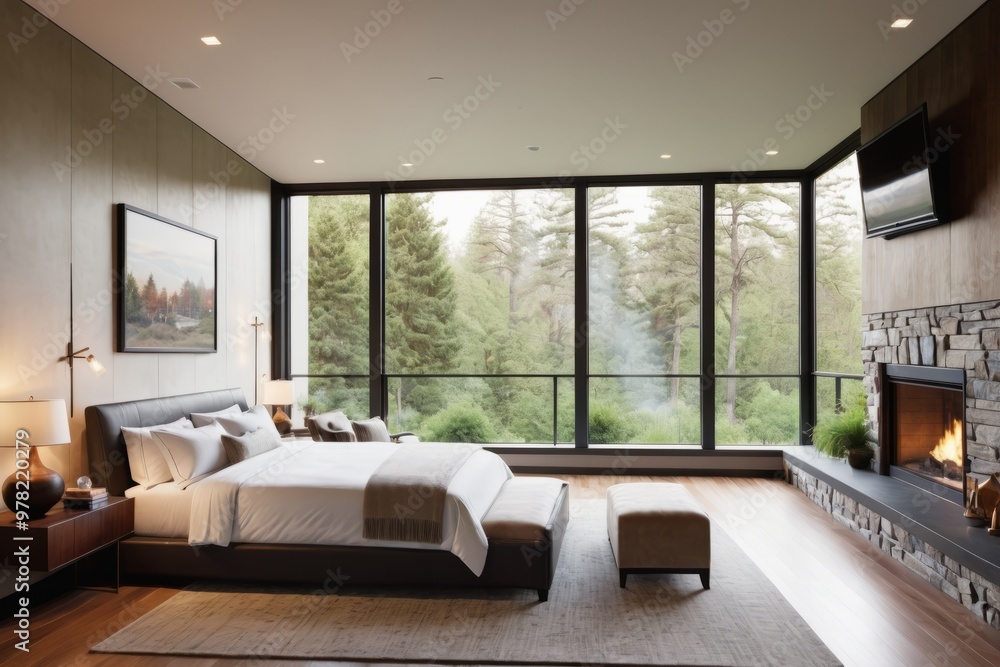Modern minimalist bedroom with large window view of jungle, featuring plush bed, minimalist furniture, and soft curtains Modern minimalist bedroom with large window view of jungle, featuring plush bed, minimalist furniture, and soft curtains