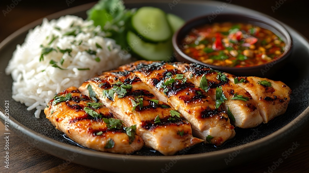 Mouthwatering Thai Style Grilled Chicken Dish with Sticky Rice and Vibrant Vegetables Mouthwatering Thai Style Grilled Chicken Dish with Sticky Rice and Vibrant Vegetables