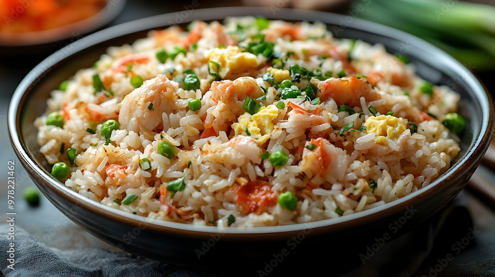 Flavorful Thai Crab Fried Rice With Scrambled Eggs and Scallions on Serving Plate Flavorful Thai Crab Fried Rice With Scrambled Eggs and Scallions on Serving Plate