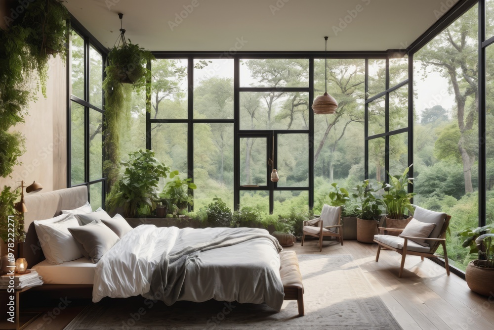 Modern living room with wooden furniture and large window overlooking the green garden Modern living room with wooden furniture and large window overlooking the green garden