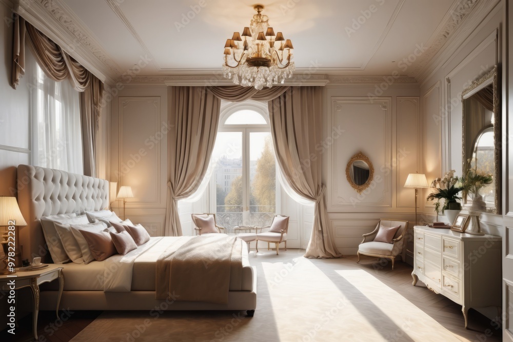 Interior design of a double bed bedroom at with comfortable bedding and a lamp on a bedside table, featuring a large window Interior design of a double bed bedroom at with comfortable bedding and a lamp on a bedside table, featuring a large window