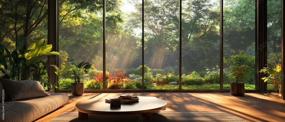 Fototapeta premium Sunbeams Through Window in Modern House.