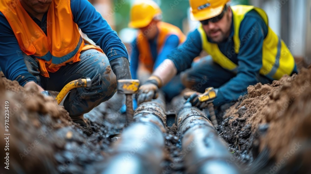 Workers wearing safety gear install and repair underground pipes in a construction zone, focusing on infrastructure and teamwork. Workers wearing safety gear install and repair underground pipes in a construction zone, focusing on infrastructure and teamwork.
