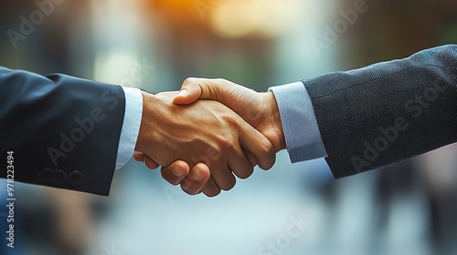 Close-up of two businesspeople shaking hands with documents being exchanged in the background, business trust, sealed deal