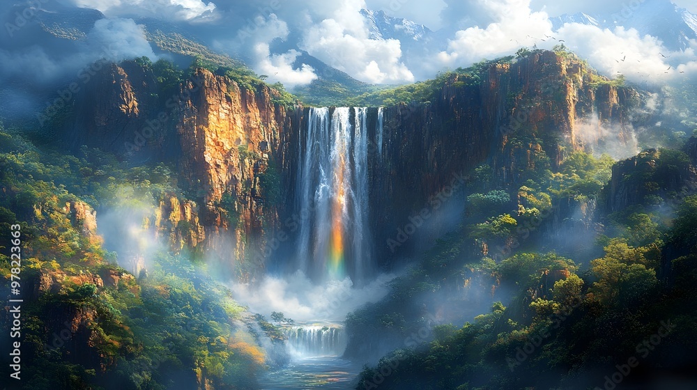 Fototapeta premium Powerful Waterfall Cascading Down Rocky Cliff into Misty Canyon