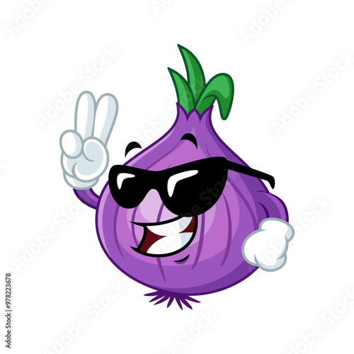 Cool cartoon onion wearing sunglasses and flashing the peace sign.