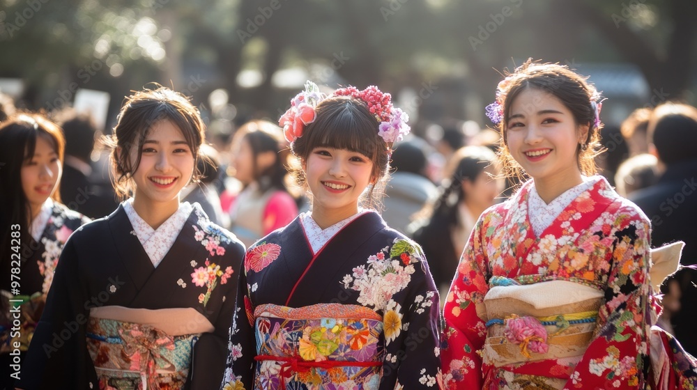 Three Young Women in Traditional Japanese Attire Three Young Women in Traditional Japanese Attire