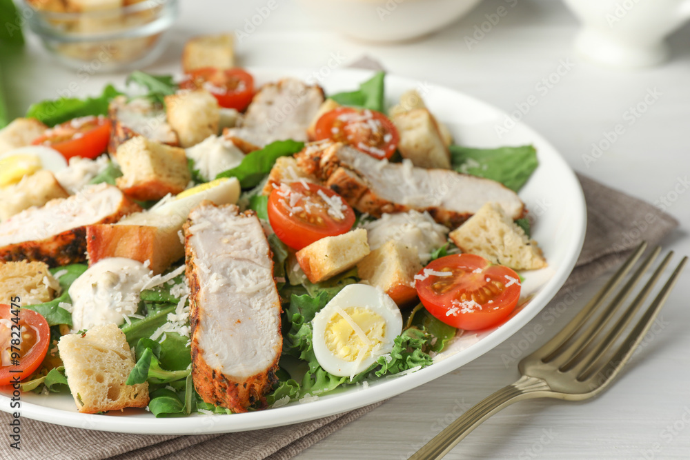 Tasty Caesar salad with chicken and tomatoes on white wooden table, closeup Tasty Caesar salad with chicken and tomatoes on white wooden table, closeup
