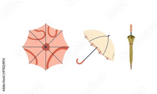 Umbrella logo, portable, collapsible devices designed to shield from rain or sunlight