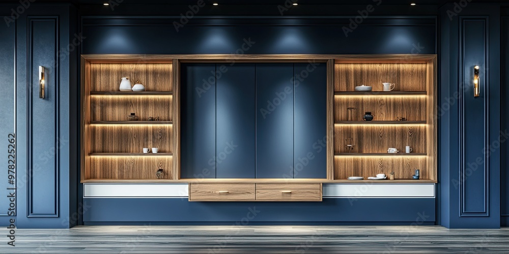 navy blue and white modern wooden wall retail display shelf with drawer ...