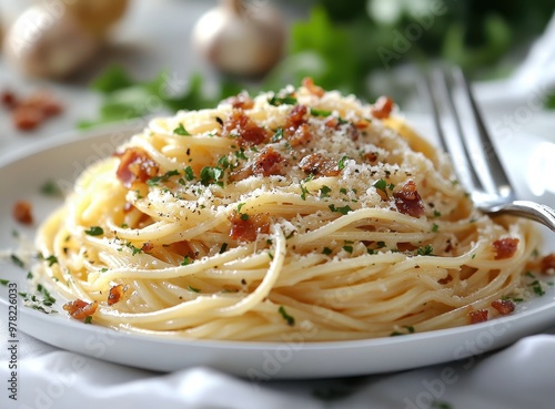 Spaghetti Carbonara on a White Background in the Style of G. Gehrig – Detailed Food Photography