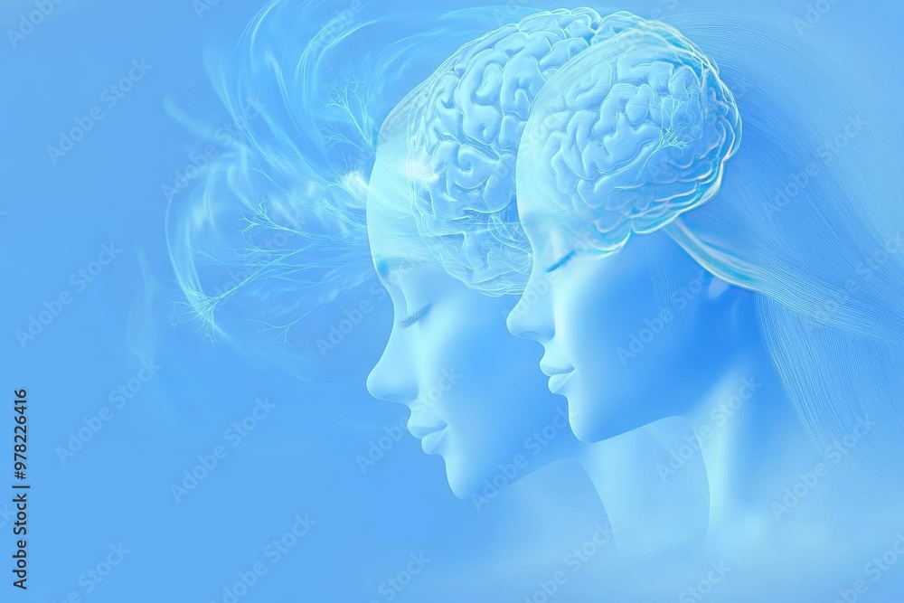 Obraz premium Abstract blue silhouette of multiple female heads with a glowing brain representing cognitive evolution the fluidity of thoughts and the connection between mental clarity and emotional flow